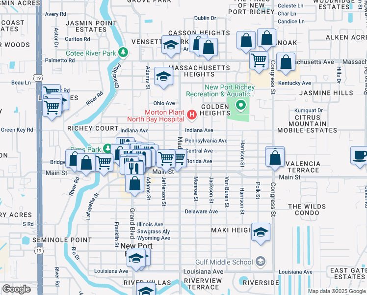 map of restaurants, bars, coffee shops, grocery stores, and more near 6040 Pennsylvania Avenue in New Port Richey