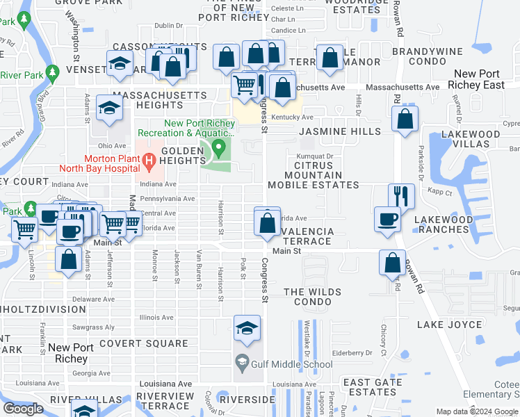 map of restaurants, bars, coffee shops, grocery stores, and more near 6446 Pennsylvania Avenue in New Port Richey