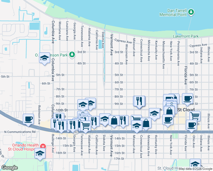 map of restaurants, bars, coffee shops, grocery stores, and more near 602 Dakota Avenue in St. Cloud