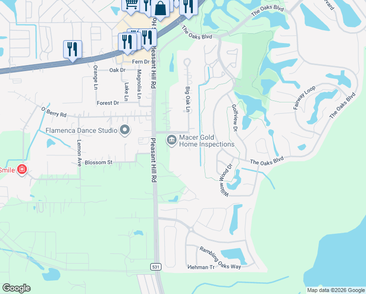 map of restaurants, bars, coffee shops, grocery stores, and more near 1824 Big Oak Lane in Kissimmee