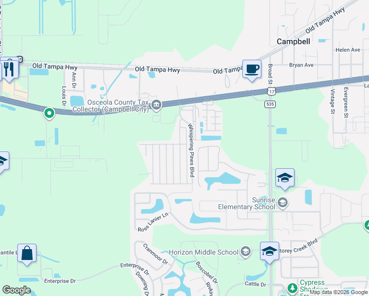 map of restaurants, bars, coffee shops, grocery stores, and more near 1852 Monte Cristo Lane in Kissimmee