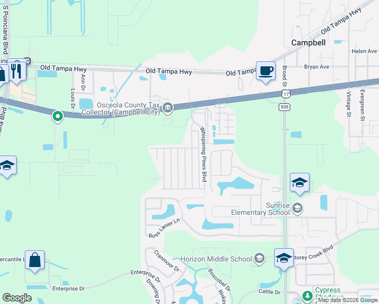 map of restaurants, bars, coffee shops, grocery stores, and more near 4661 Blue Spruce Avenue in Kissimmee