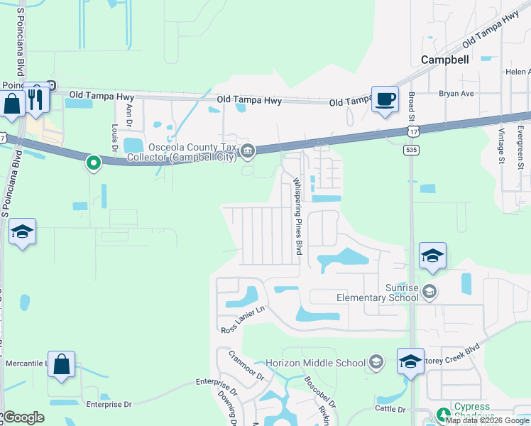 map of restaurants, bars, coffee shops, grocery stores, and more near 4661 Blue Spruce Avenue in Kissimmee