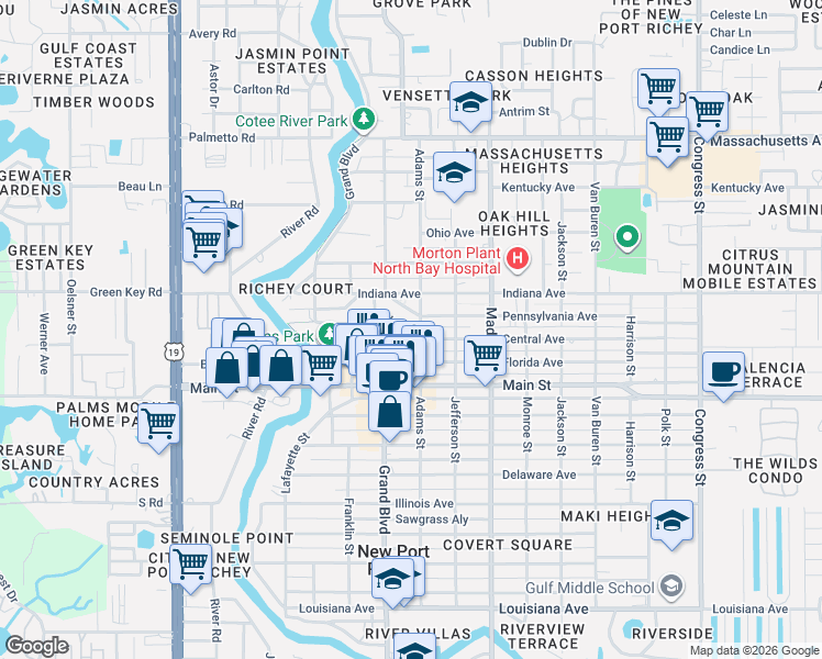 map of restaurants, bars, coffee shops, grocery stores, and more near 6541 Circle Boulevard in Port Richey