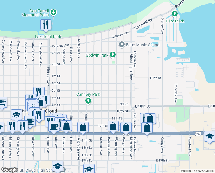 map of restaurants, bars, coffee shops, grocery stores, and more near 608 Delaware Avenue in Saint Cloud