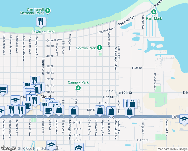 map of restaurants, bars, coffee shops, grocery stores, and more near 605 Carolina Avenue in St. Cloud