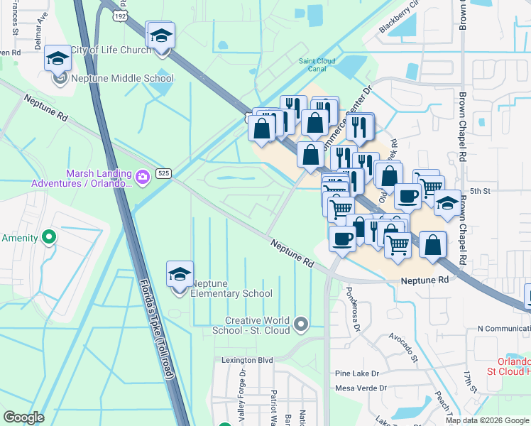 map of restaurants, bars, coffee shops, grocery stores, and more near 4811 Battaglia Boulevard in Saint Cloud