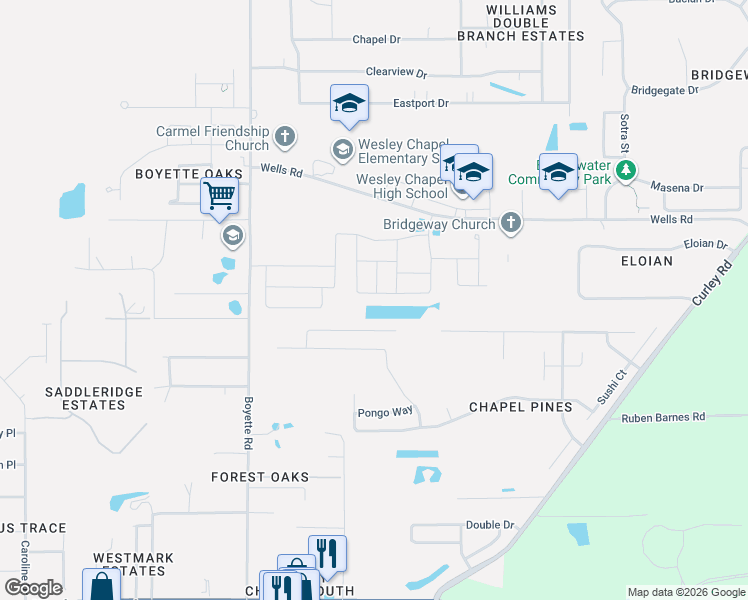 map of restaurants, bars, coffee shops, grocery stores, and more near 6309 Dutton Drive in Wesley Chapel