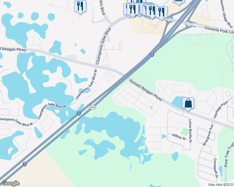 map of restaurants, bars, coffee shops, grocery stores, and more near 184 Whirlaway Drive in Davenport