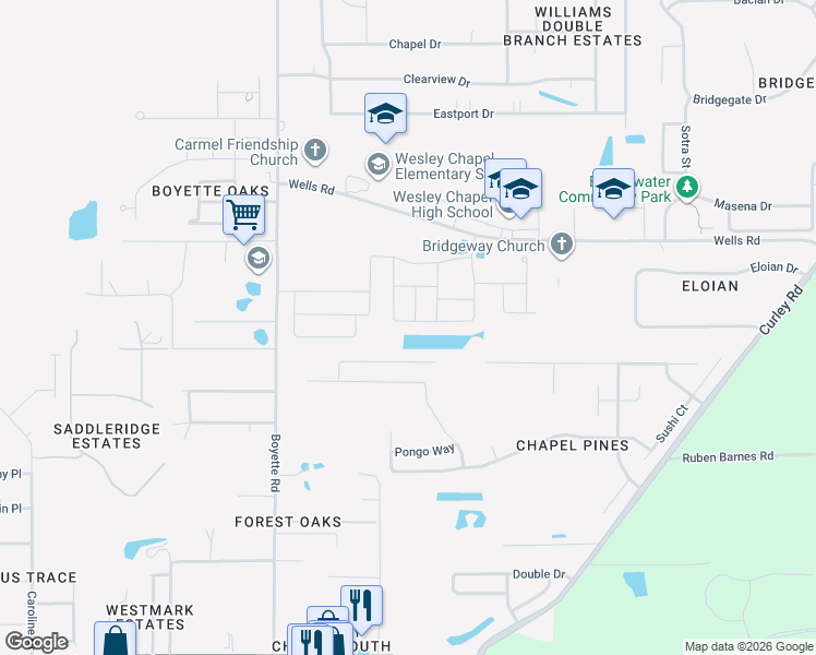 map of restaurants, bars, coffee shops, grocery stores, and more near 6364 Dutton Drive in Wesley Chapel
