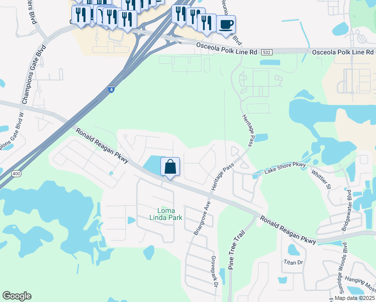 map of restaurants, bars, coffee shops, grocery stores, and more near 1765 Pine Ridge Drive in Davenport