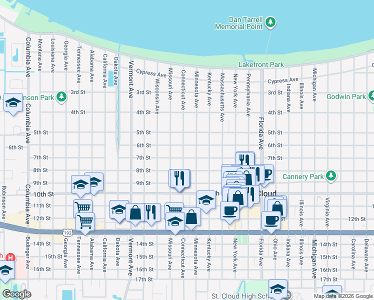 map of restaurants, bars, coffee shops, grocery stores, and more near 601 Connecticut Avenue in St. Cloud