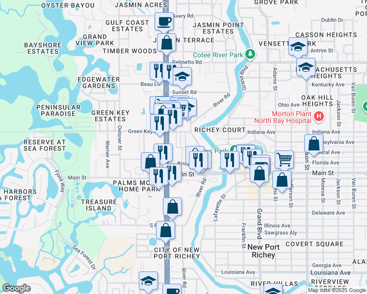 map of restaurants, bars, coffee shops, grocery stores, and more near 6510 Brandon Drive in New Port Richey