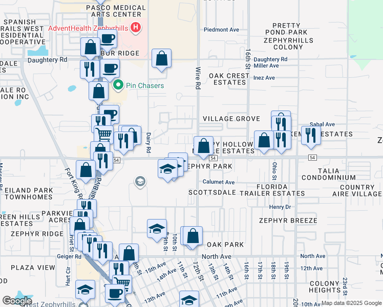 map of restaurants, bars, coffee shops, grocery stores, and more near 38465 County Road 54 in Zephyrhills