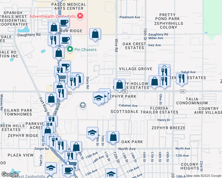 map of restaurants, bars, coffee shops, grocery stores, and more near 38465 County Road 54 in Zephyrhills