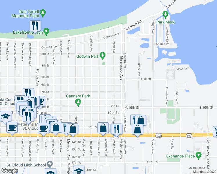 map of restaurants, bars, coffee shops, grocery stores, and more near 605 Wyoming Avenue in Saint Cloud