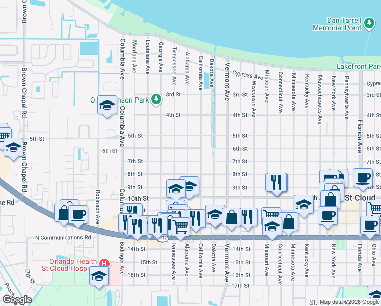map of restaurants, bars, coffee shops, grocery stores, and more near 601 Alabama Avenue in St. Cloud