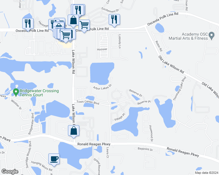 map of restaurants, bars, coffee shops, grocery stores, and more near 415 Arbor Lakes Drive in Davenport