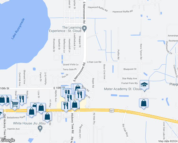 map of restaurants, bars, coffee shops, grocery stores, and more near 1805 Roper Road in St. Cloud