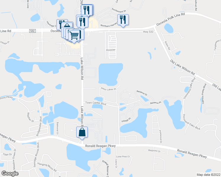 map of restaurants, bars, coffee shops, grocery stores, and more near 368 Arbor Lakes Drive in Davenport