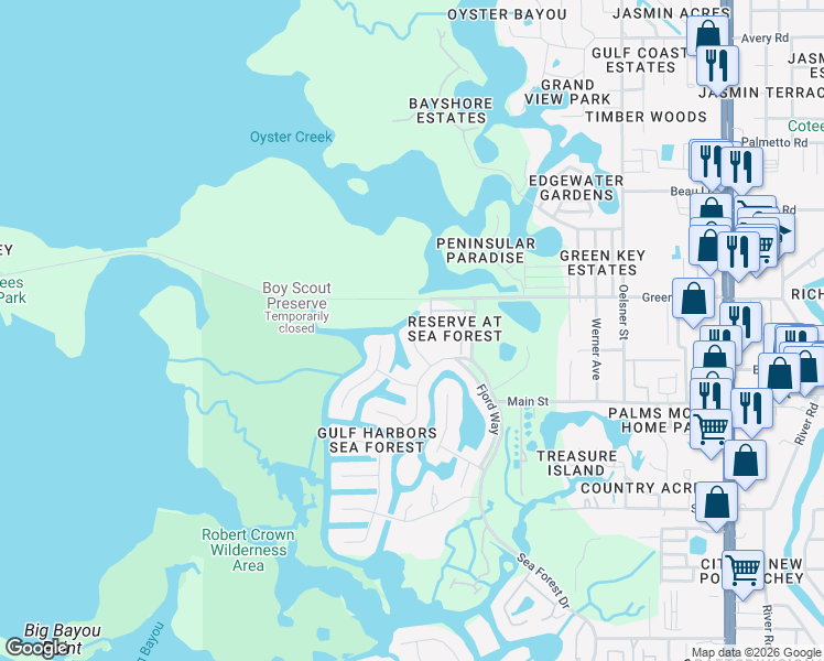 map of restaurants, bars, coffee shops, grocery stores, and more near 6440 Drake Court in New Port Richey