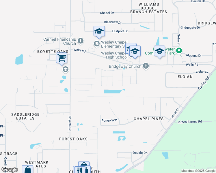 map of restaurants, bars, coffee shops, grocery stores, and more near 6565 Stovall Street in Wesley Chapel