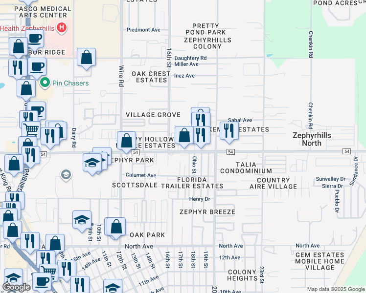 map of restaurants, bars, coffee shops, grocery stores, and more near 38825 County Road 54 in Zephyrhills