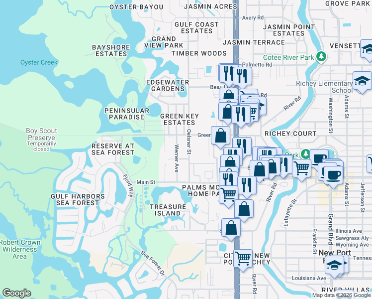 map of restaurants, bars, coffee shops, grocery stores, and more near 6445 Oelsner Street in New Port Richey