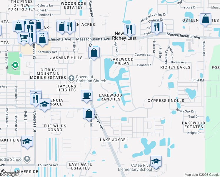 map of restaurants, bars, coffee shops, grocery stores, and more near 6430 Parkside Drive in New Port Richey
