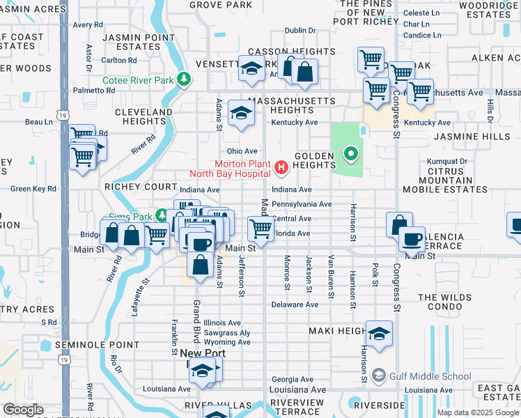 map of restaurants, bars, coffee shops, grocery stores, and more near 5934 Pennsylvania Avenue in Port Richey