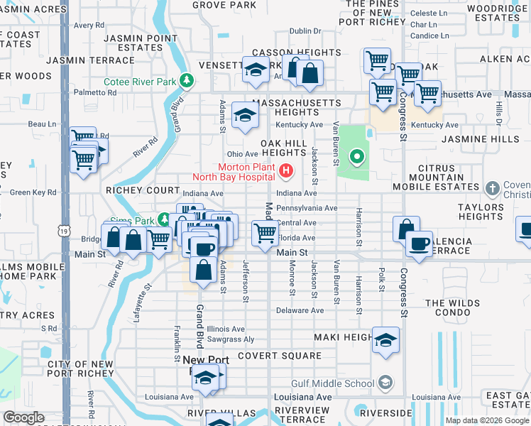 map of restaurants, bars, coffee shops, grocery stores, and more near 5934 Pennsylvania Avenue in Port Richey