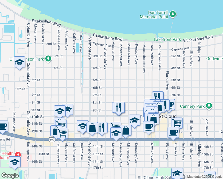 map of restaurants, bars, coffee shops, grocery stores, and more near 604 Missouri Avenue in St. Cloud