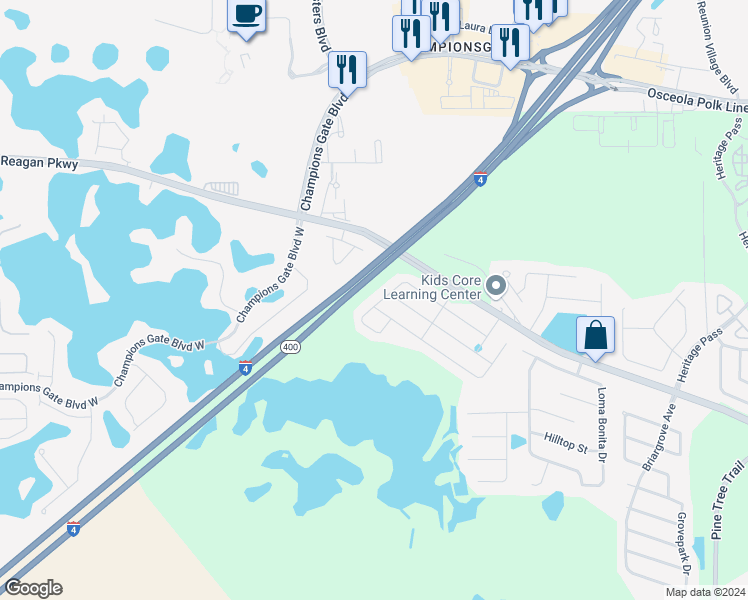 map of restaurants, bars, coffee shops, grocery stores, and more near 172 Whirlaway Drive in Davenport