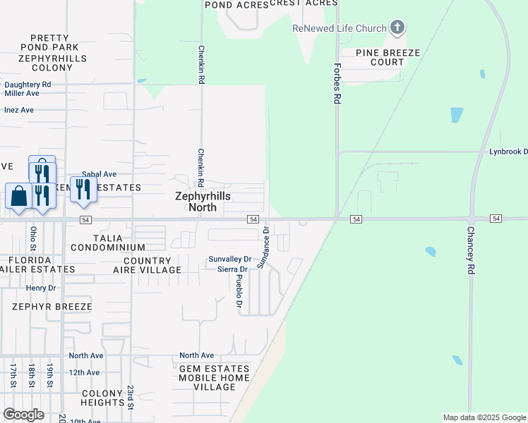 map of restaurants, bars, coffee shops, grocery stores, and more near 6500 Pecan Street in Zephyrhills
