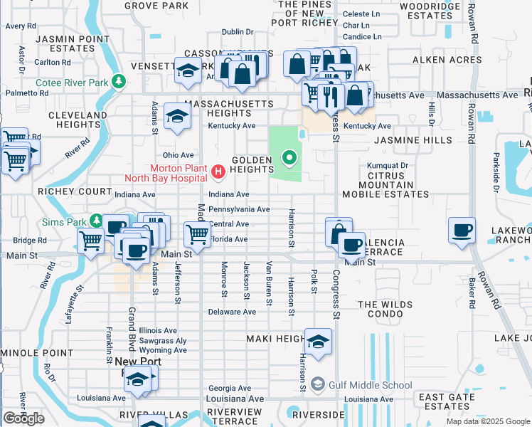 map of restaurants, bars, coffee shops, grocery stores, and more near 6501 Van Buren Street in New Port Richey