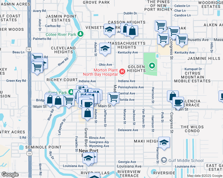 map of restaurants, bars, coffee shops, grocery stores, and more near 5934 Pennsylvania Avenue in Port Richey
