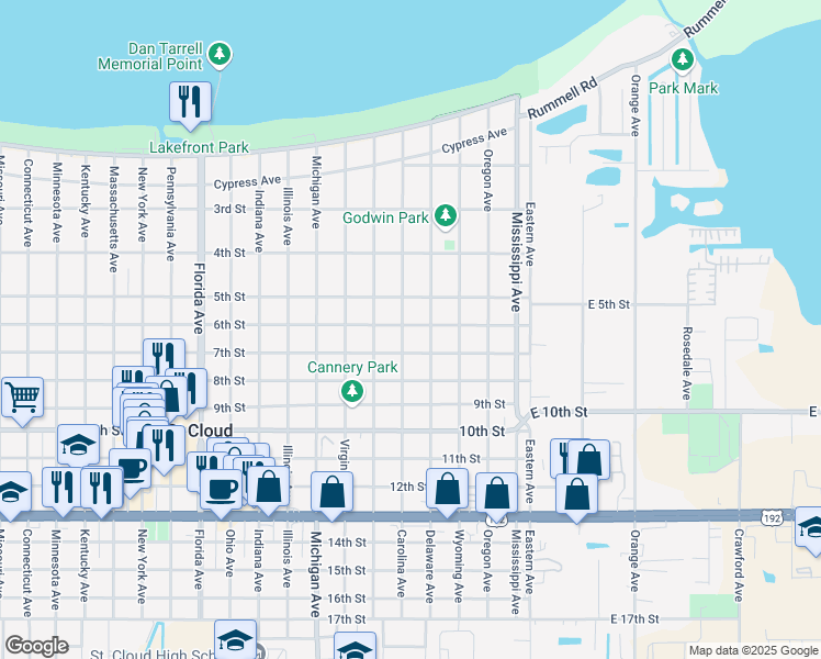 map of restaurants, bars, coffee shops, grocery stores, and more near 605 Carolina Avenue in Saint Cloud