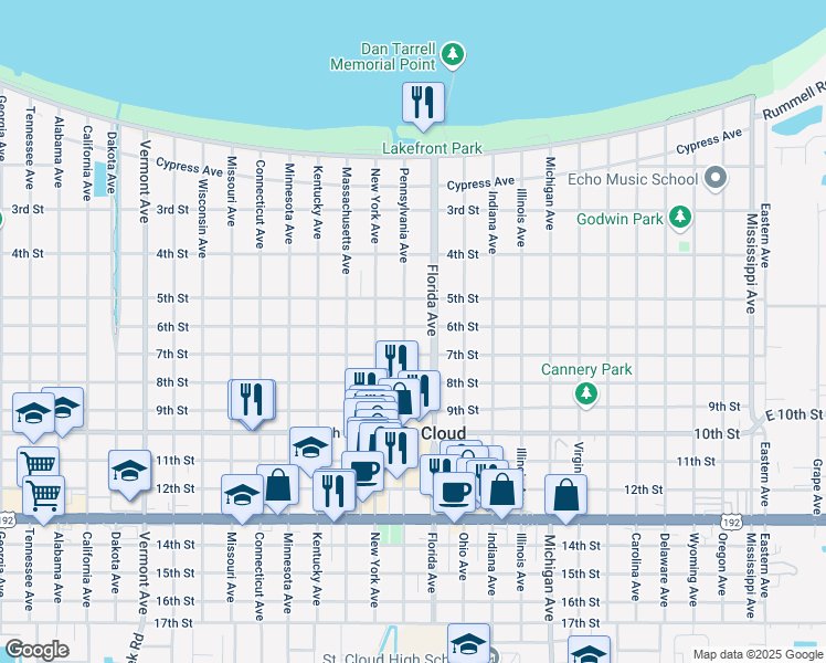 map of restaurants, bars, coffee shops, grocery stores, and more near 1111 6th Street in St. Cloud