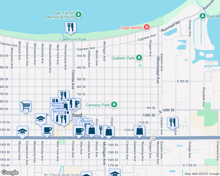 map of restaurants, bars, coffee shops, grocery stores, and more near 601 6th Street in St. Cloud