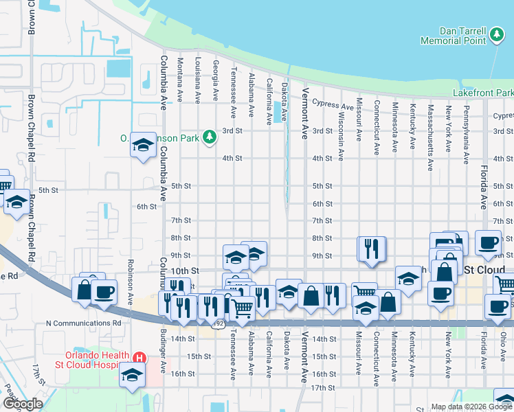 map of restaurants, bars, coffee shops, grocery stores, and more near 601 Alabama Avenue in St. Cloud