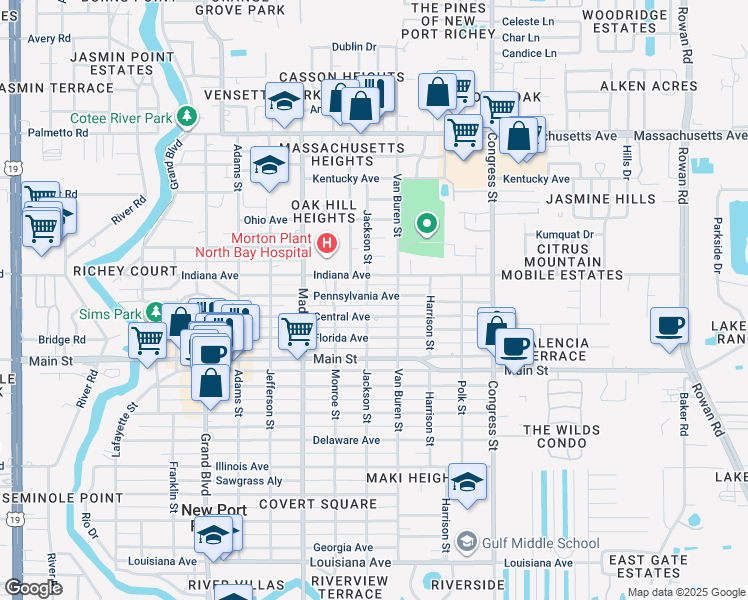 map of restaurants, bars, coffee shops, grocery stores, and more near 6127 Pennsylvania Avenue in New Port Richey
