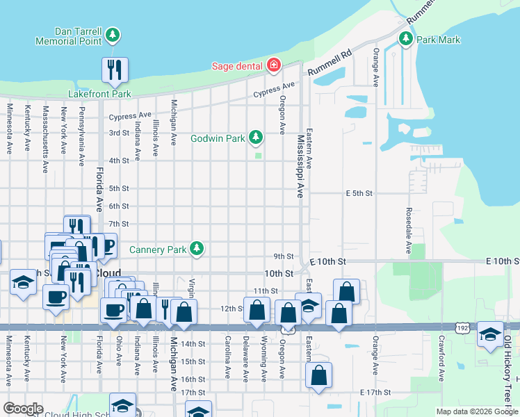 map of restaurants, bars, coffee shops, grocery stores, and more near 600 Wyoming Avenue in St. Cloud