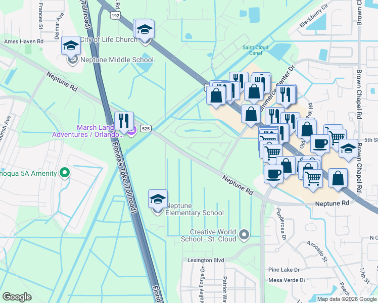 map of restaurants, bars, coffee shops, grocery stores, and more near 4991 Alita Terrace in St. Cloud