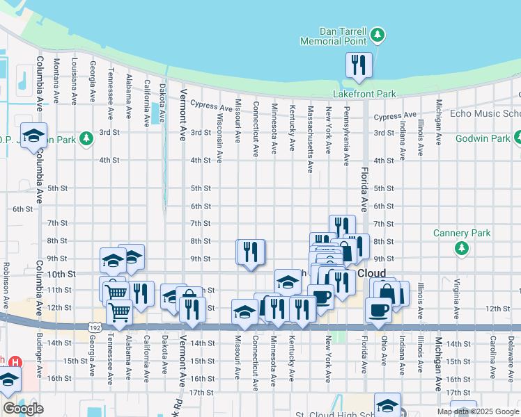 map of restaurants, bars, coffee shops, grocery stores, and more near 601 Connecticut Avenue in Saint Cloud