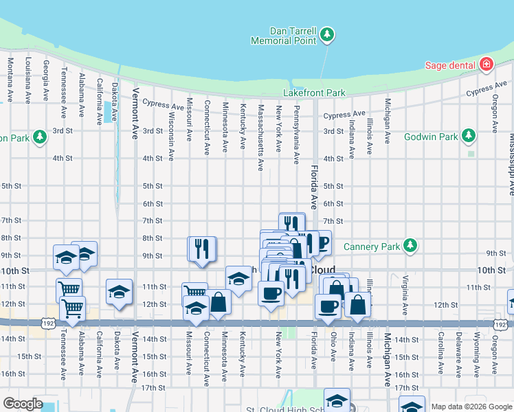 map of restaurants, bars, coffee shops, grocery stores, and more near 600 Massachusetts Avenue in Saint Cloud