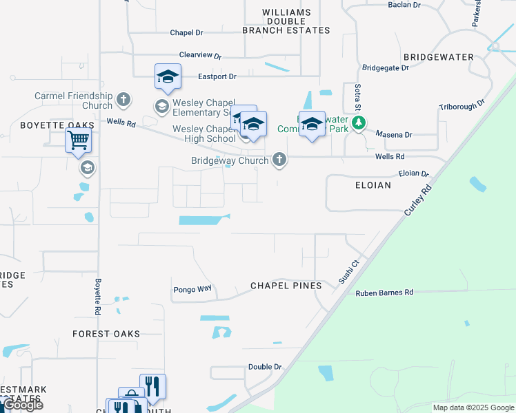 map of restaurants, bars, coffee shops, grocery stores, and more near 30531 Midtown Court in Wesley Chapel