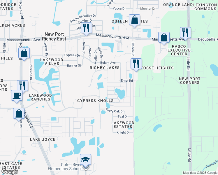 map of restaurants, bars, coffee shops, grocery stores, and more near 7744 Oldfield Road in New Port Richey