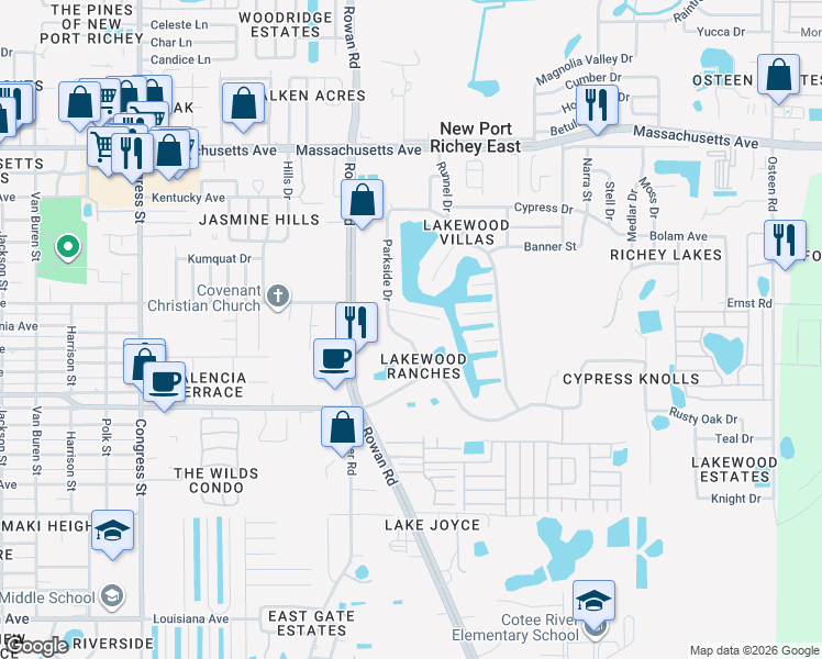 map of restaurants, bars, coffee shops, grocery stores, and more near 6430 Parkside Drive in New Port Richey