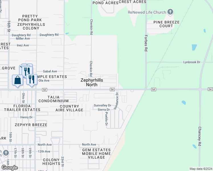 map of restaurants, bars, coffee shops, grocery stores, and more near 39609 Calamanda Avenue in Zephyrhills