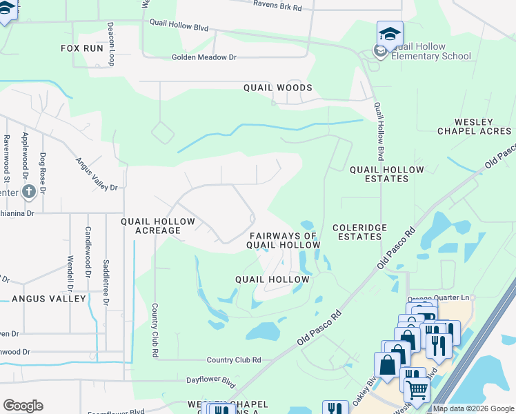 map of restaurants, bars, coffee shops, grocery stores, and more near 27380 Golf Course Loop in Zephyrhills